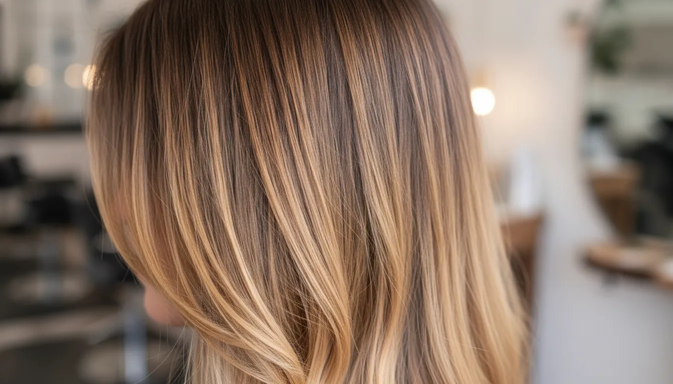 Dimensionally blended ombre hair with a soft dark-to-light gradient and glossy caramel and honey tones
