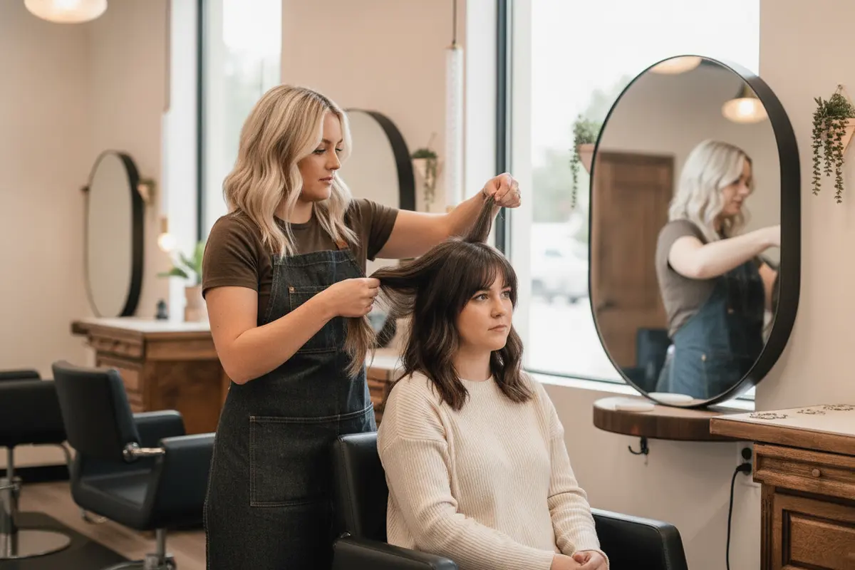 Brunette client discussing a low-maintenance color plan with a stylist
