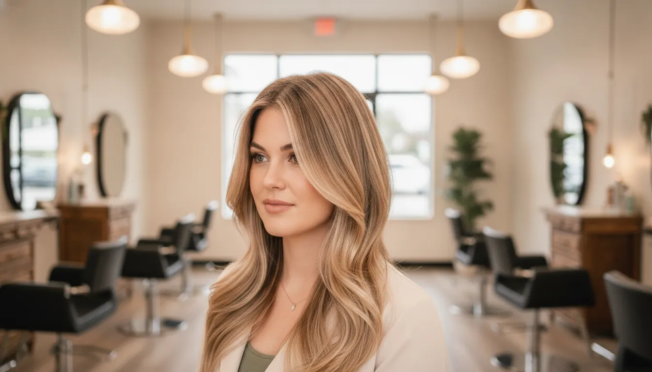 Elegant woman with a soft layered long bob hairstyle that flatters an oval face, set in a warm minimalist salon with blonde wood and bright natural light