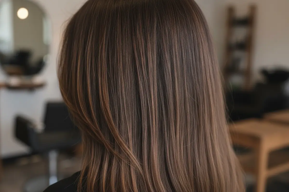 Softly blended chocolate brown color on brunette hair