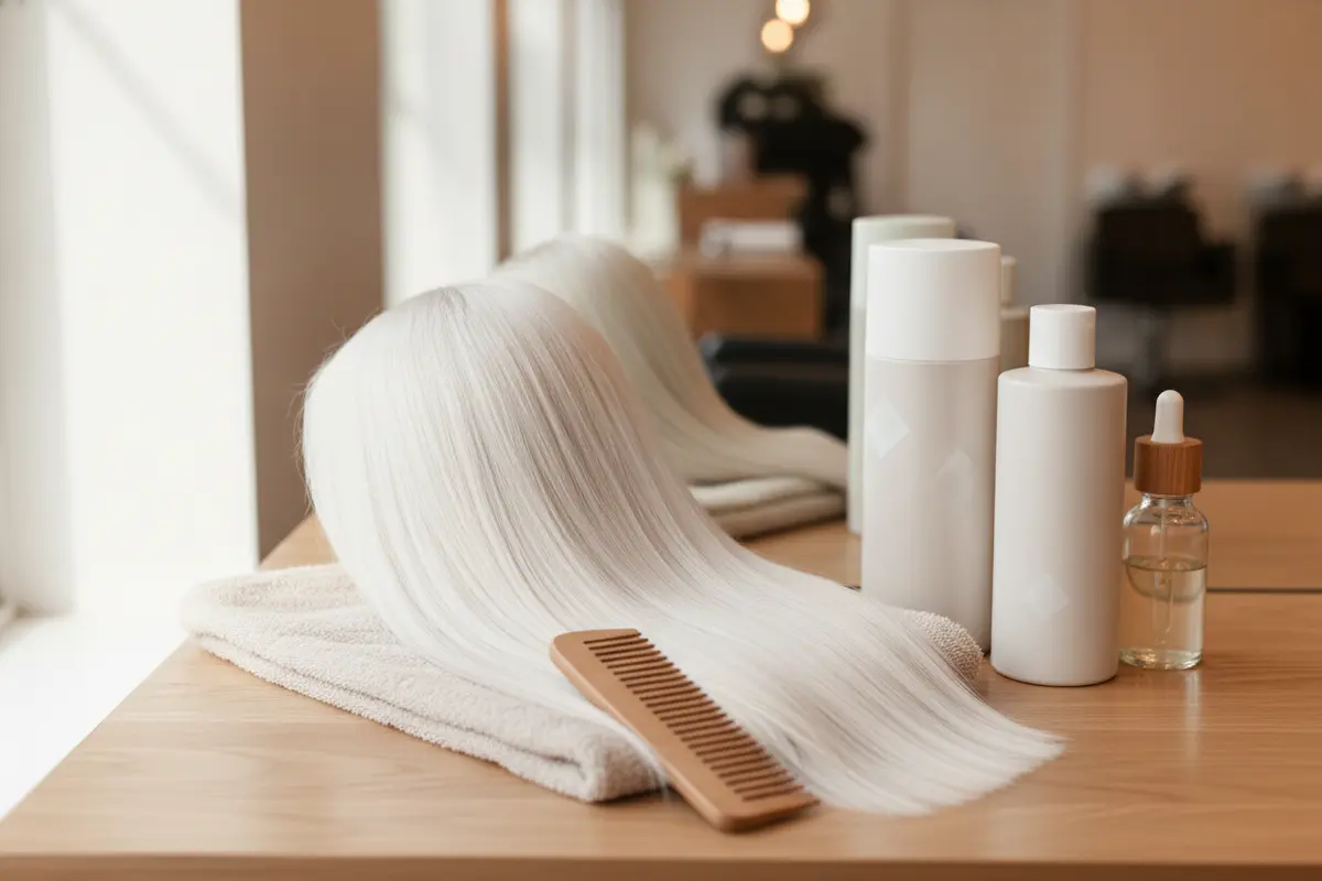 Simple at-home care products and a wide-tooth comb beside freshly styled platinum blonde hair