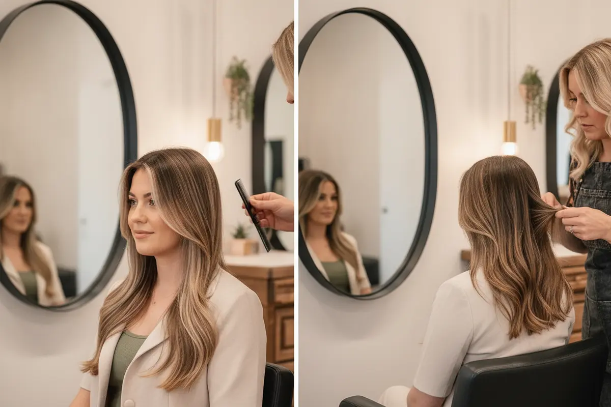 Face-framing highlights with soft root regrowth during a salon consultation.