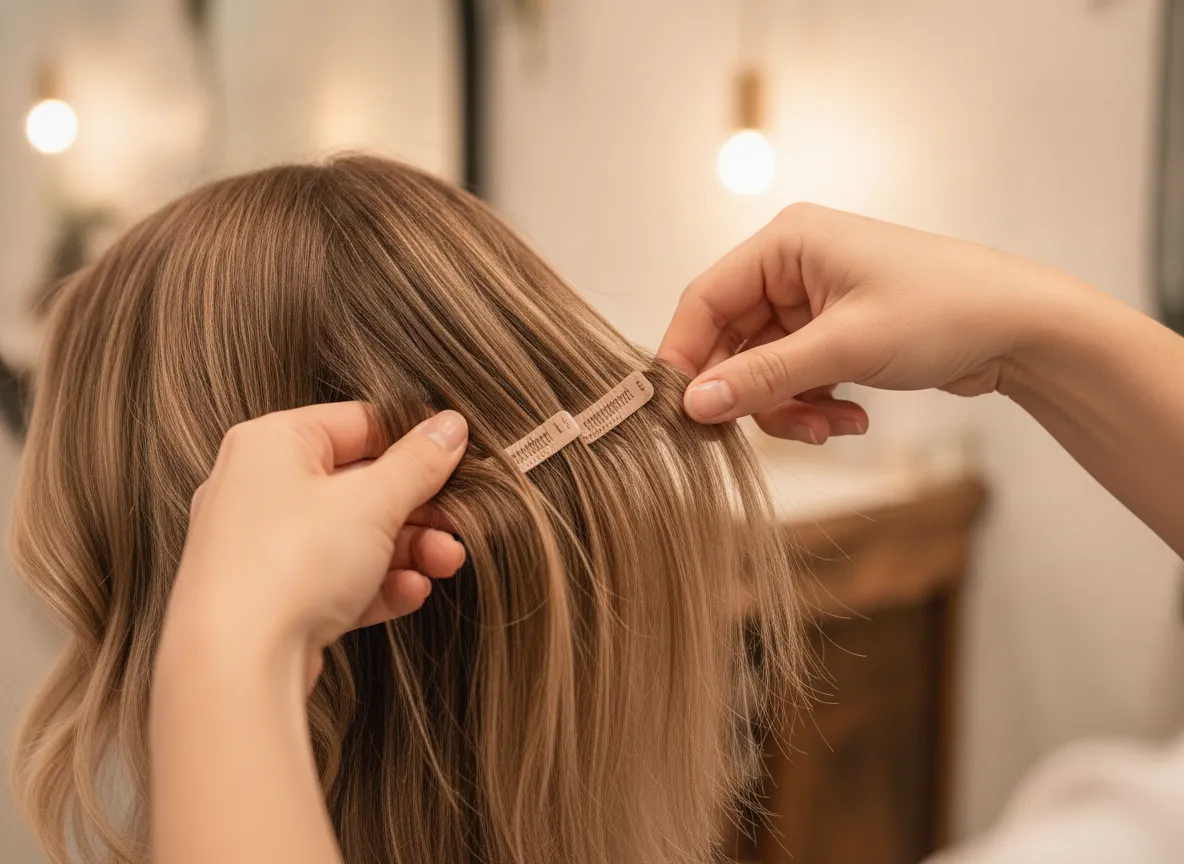Hair extension wefts and a comb arranged on a salon station