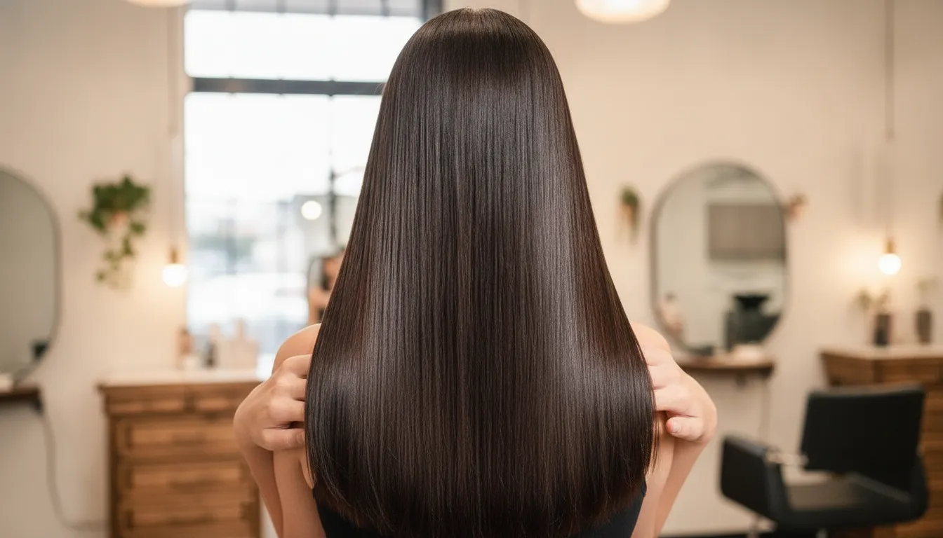 Sleek smooth glossy straight hair after a keratin treatment in a warm minimalist salon with blonde wood and bright natural light