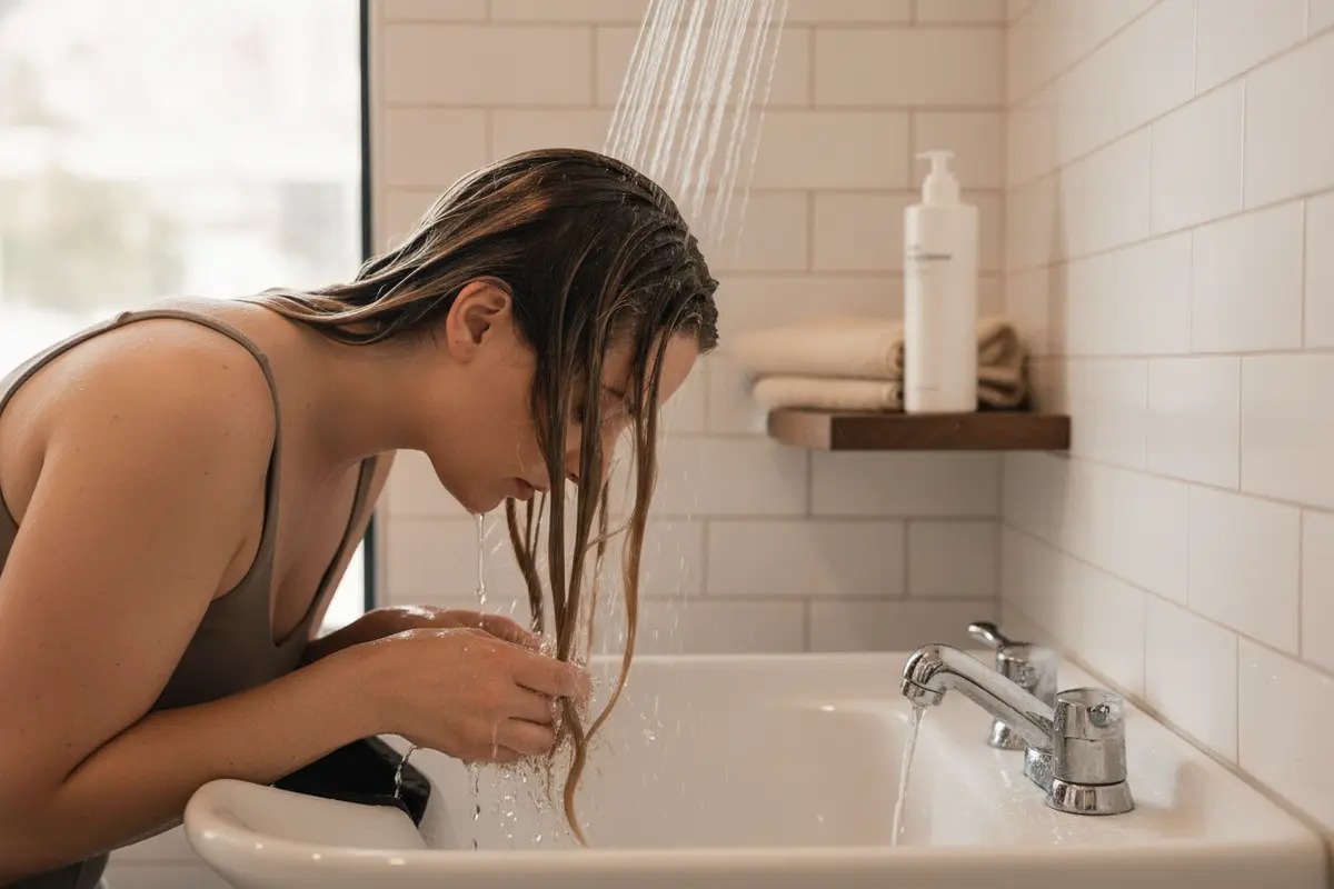 A swimmer rinses her colored hair with clean water after leaving the pool