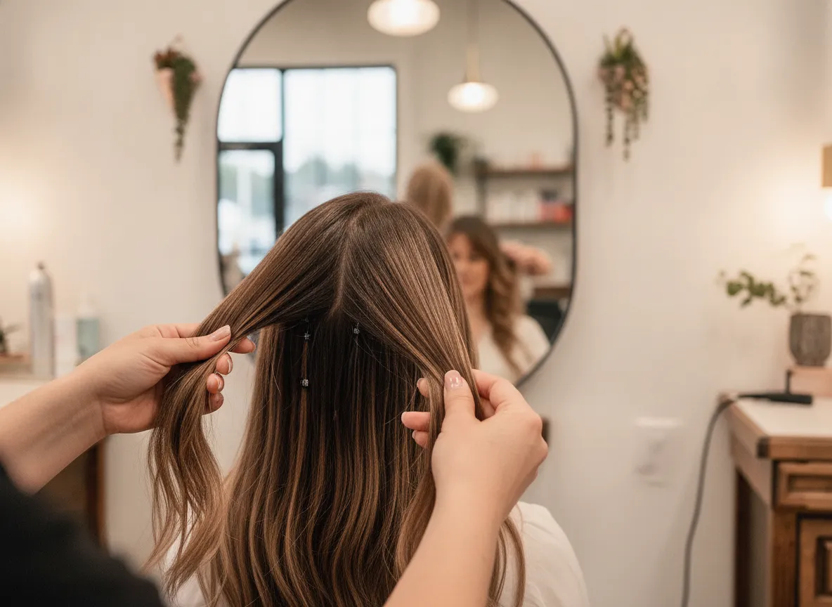 A professional gently checking a section of hair extensions