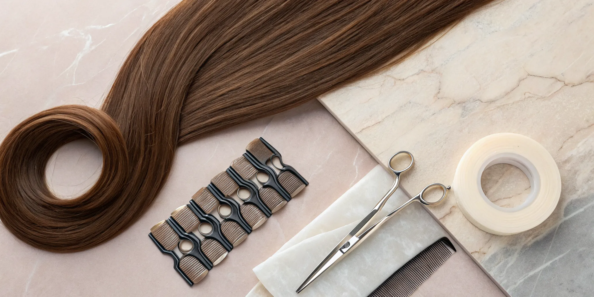 Various types of hair extensions with application tools on a clean salon table