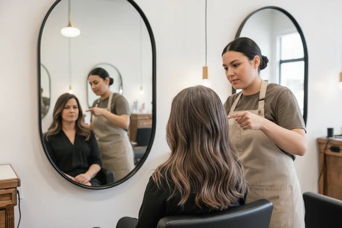 A colorist and client discussing gray blending and balayage placement during a salon consultation