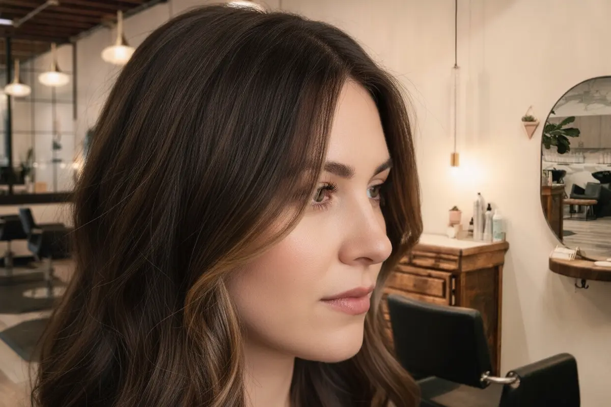 Subtle highlights placed around the front of brunette hair