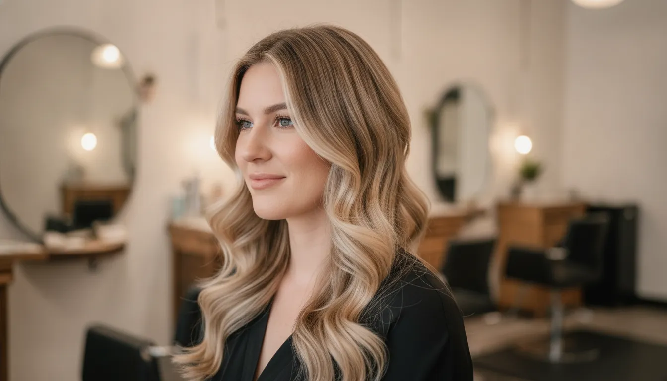 Woman with soft glam waves in a bright warm minimalist salon