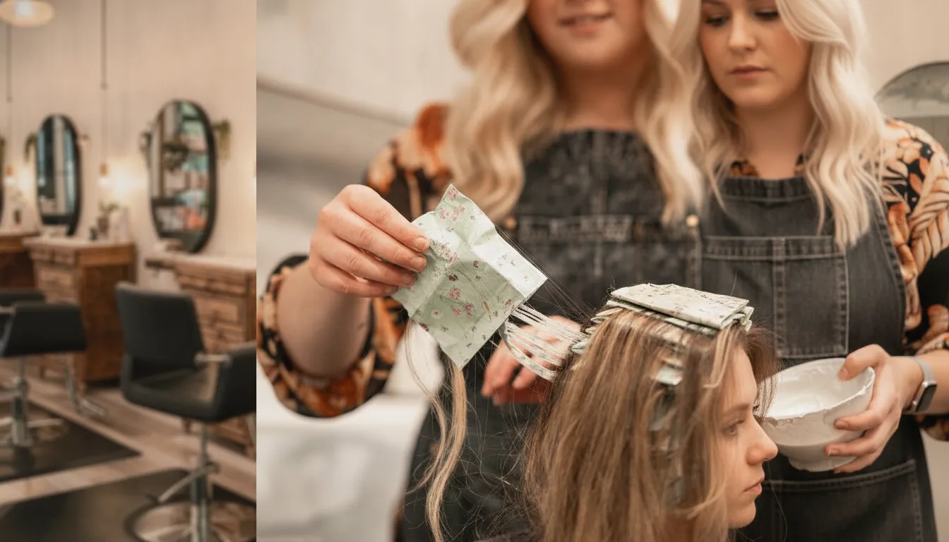 Stylist smoothing a keratin treatment through a client's hair in a bright modern salon with warm neutral tones