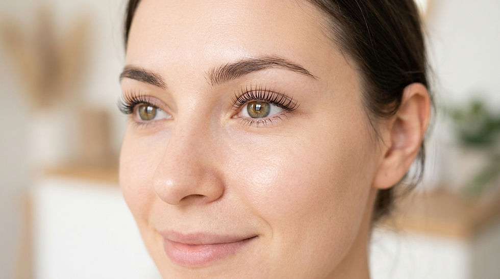 Nahaufnahme eines lächelnden Gesichts einer Person mit makelloser Haut und gelifteten Wimpern. Der Hintergrund ist unscharf, Farben sind weich und warm.