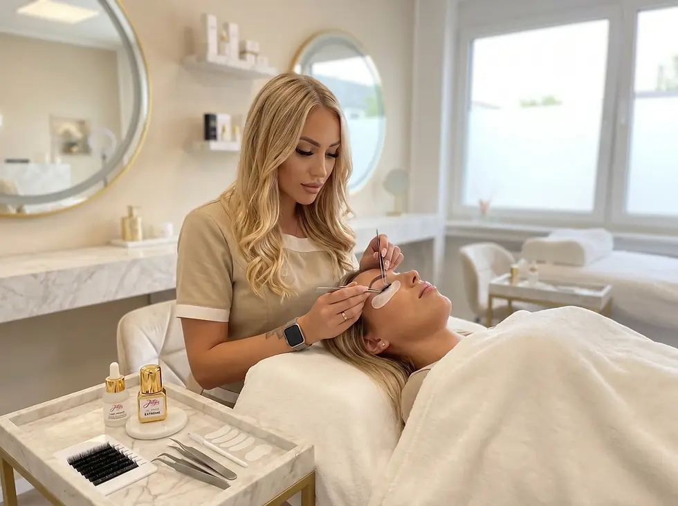 Kosmetikerin mit Maske klebt im hellen Salon einer liegenden Kundin Wimpernverlängerungen an.