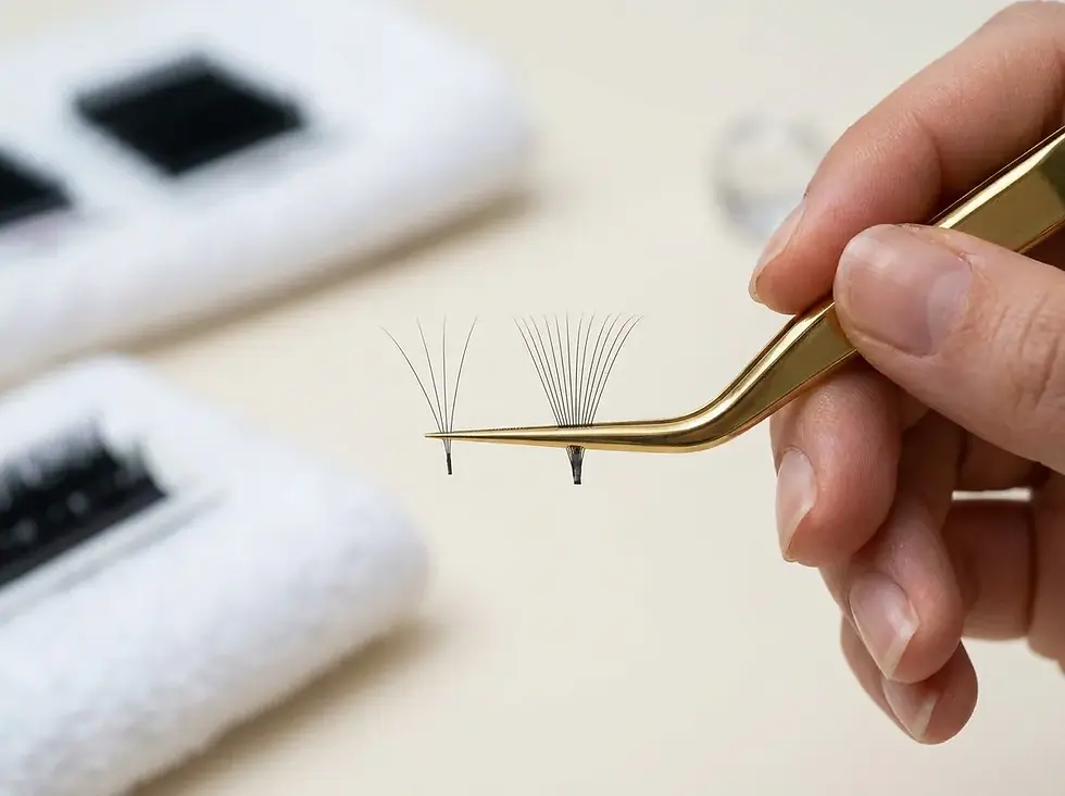 Hand hält goldene Pinzette mit feinen Wimpernfächern; im Hintergrund liegen verschwommene weiße Kosmetikpads auf hellem Tisch.