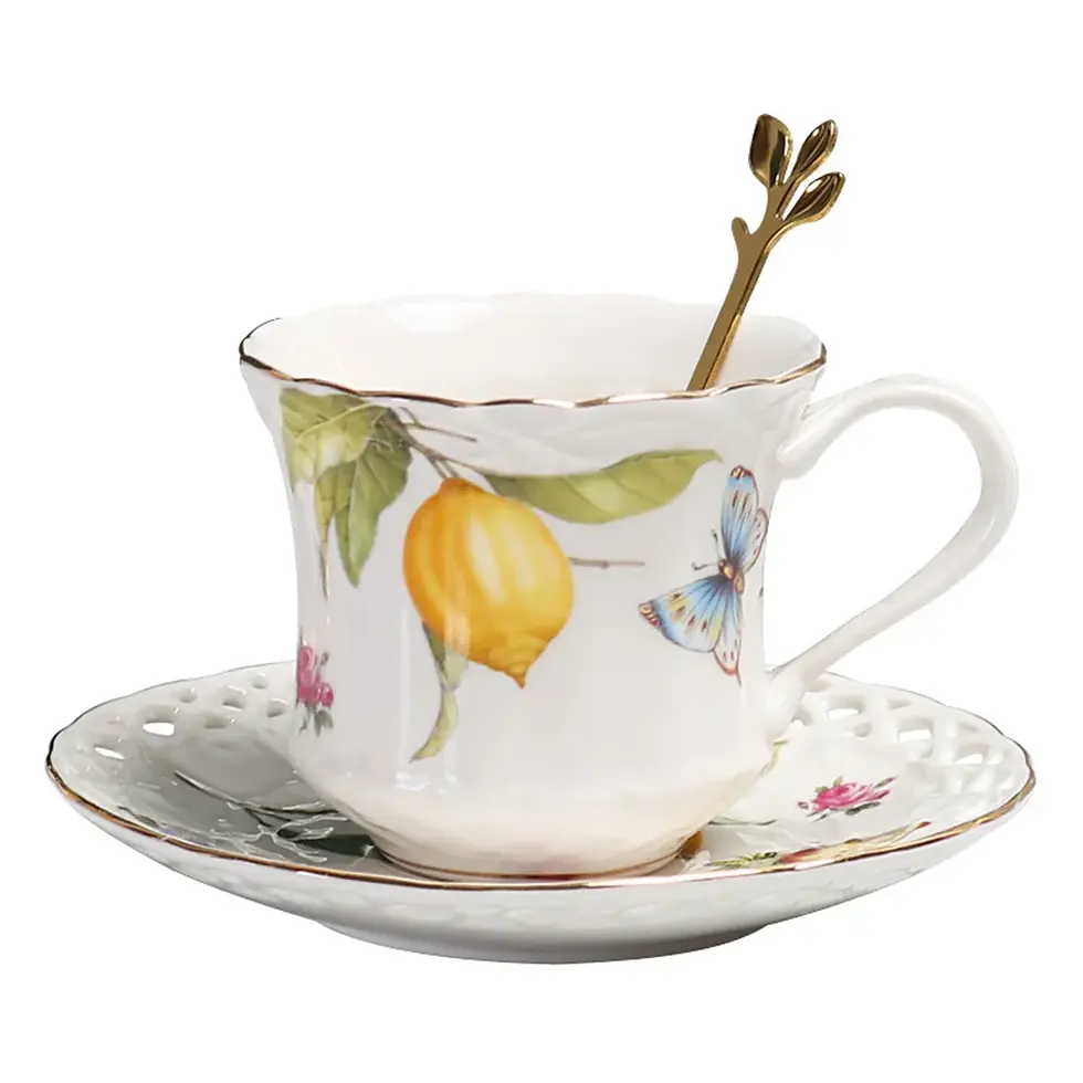 Thumbnail: Ceramic Lemon Butterfly Coffee Cup & Saucer Set w/ Spoons