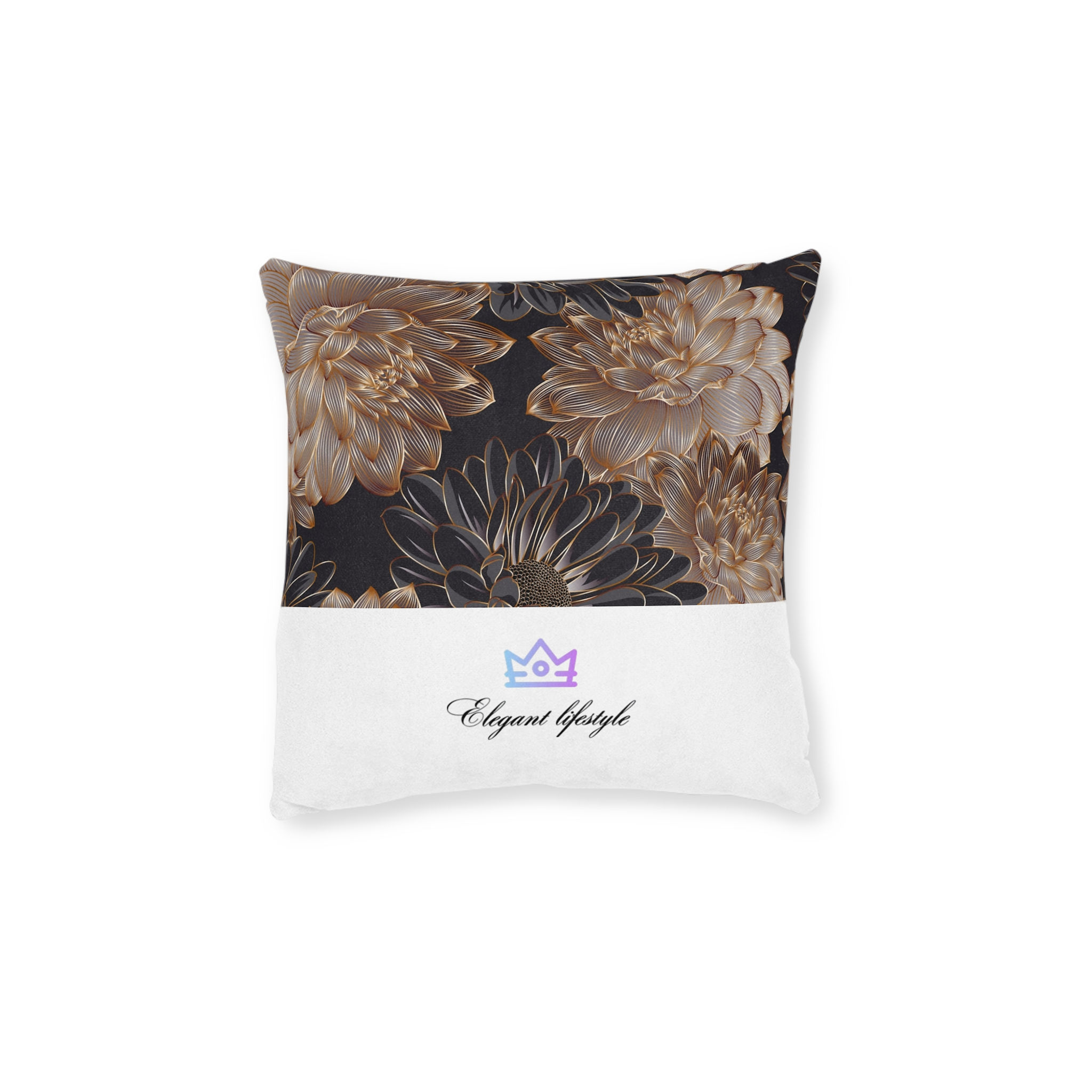 Floral Velvet Square Pillow — Gold Chrysanthemum Accent Cushion