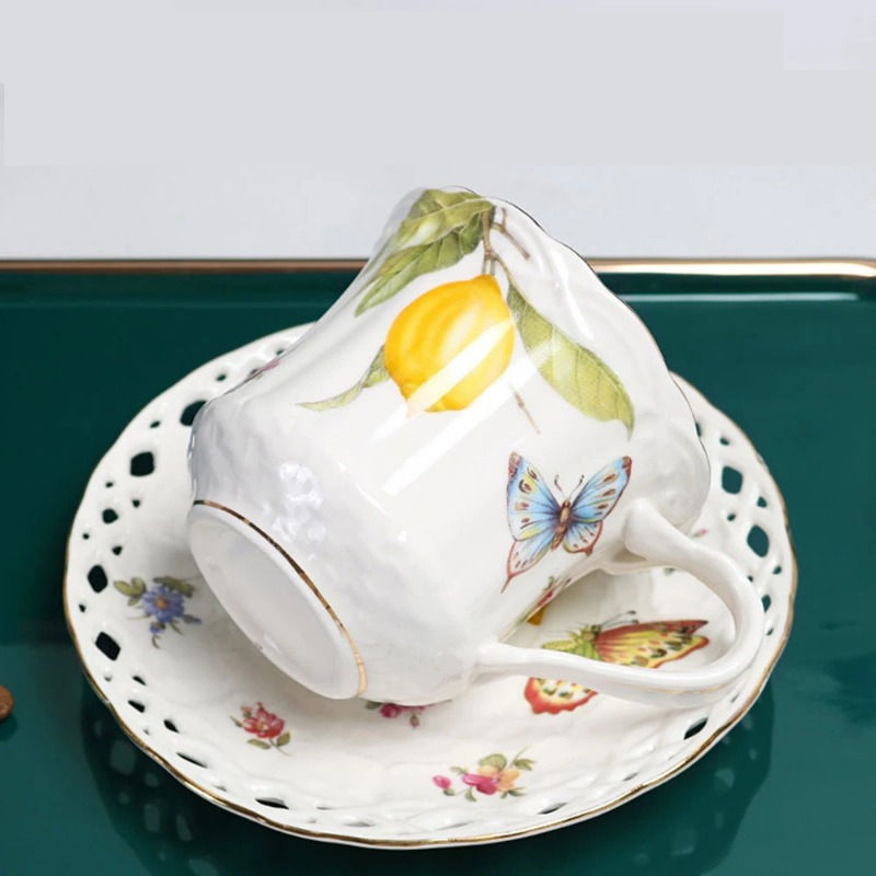 Thumbnail: Ceramic Lemon Butterfly Coffee Cup & Saucer Set w/ Spoons