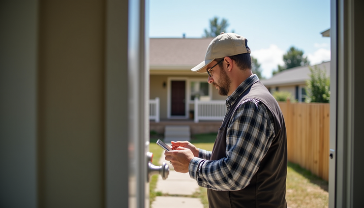 Eye-level view of a home inspector examining a house exterior in Denver