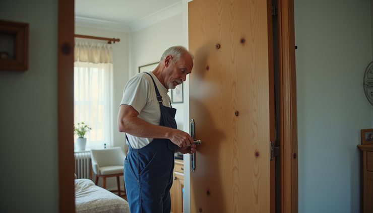 Close-up of a handyman fixing a door lock in a residential home