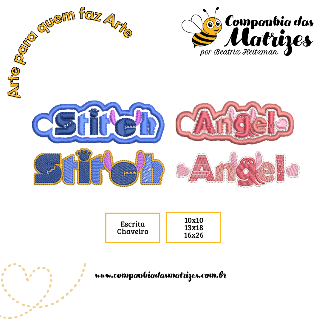 Matriz de Bordado - Escrita e Chaveiro Stitch e Angel