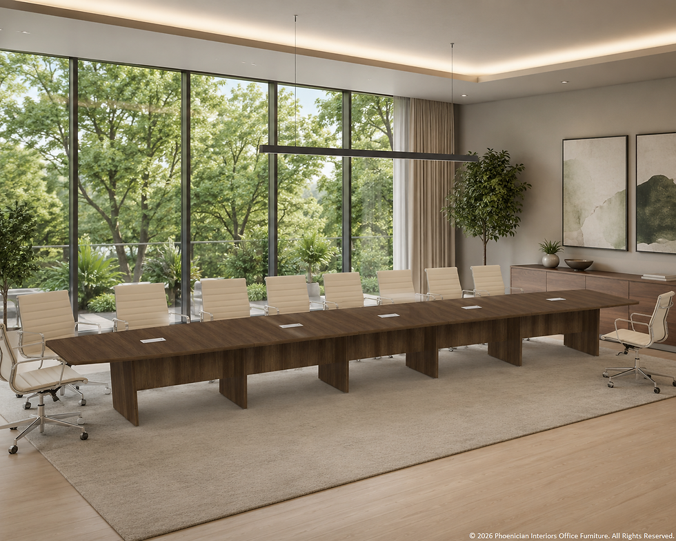 Thumbnail: 24ft Boat Shaped Conference Table in Walnut, with Chairs, and Grommets for Power. Designer Boardroom.