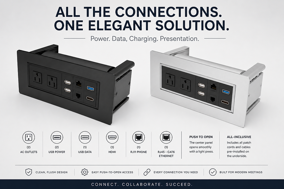 Thumbnail: Power and Data Connections for Conference Tables. AC, USB, HDMI, Ethernet, Phone. Black or Silver.