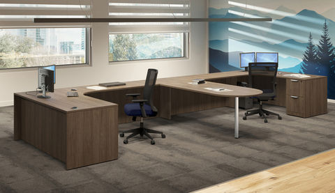 2 Person L Shaped Desk Set with Shared Center Desk in Walnut Laminate.