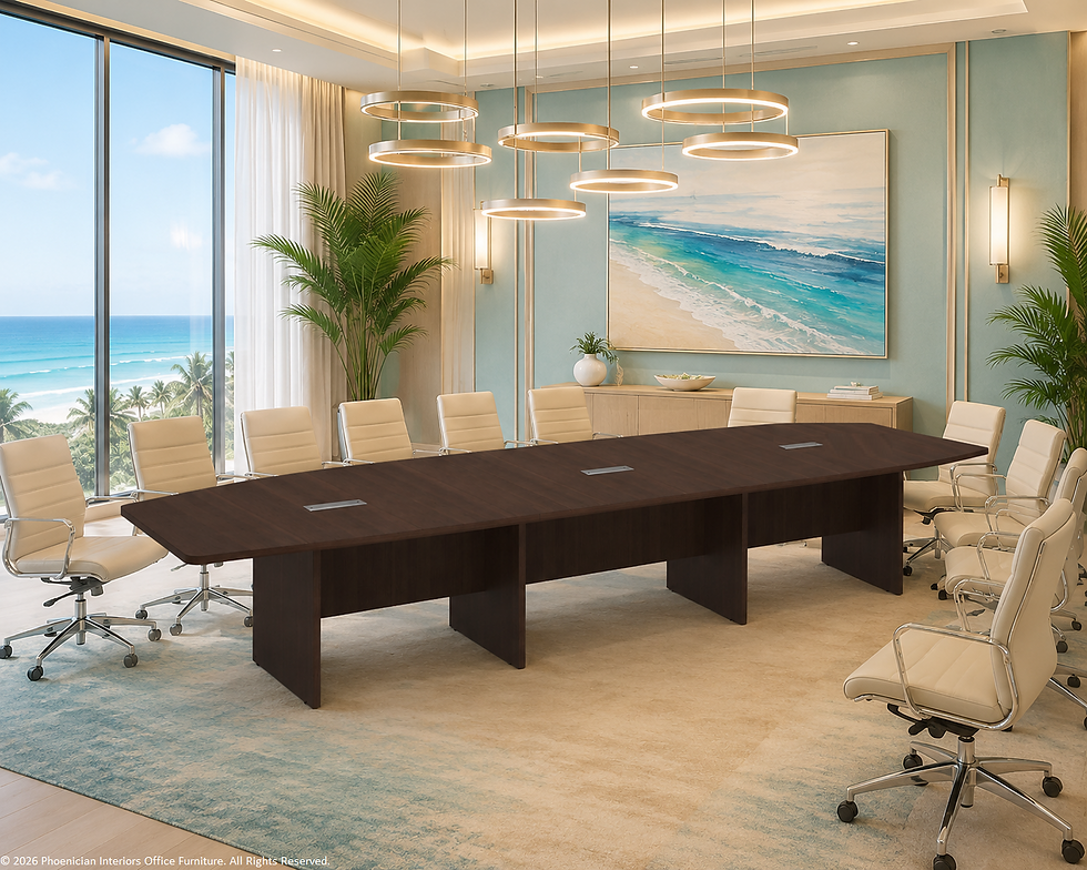 14ft Boat Shaped Conference Table in Java, with Chairs, and Grommets for Power. Designer Boardroom.