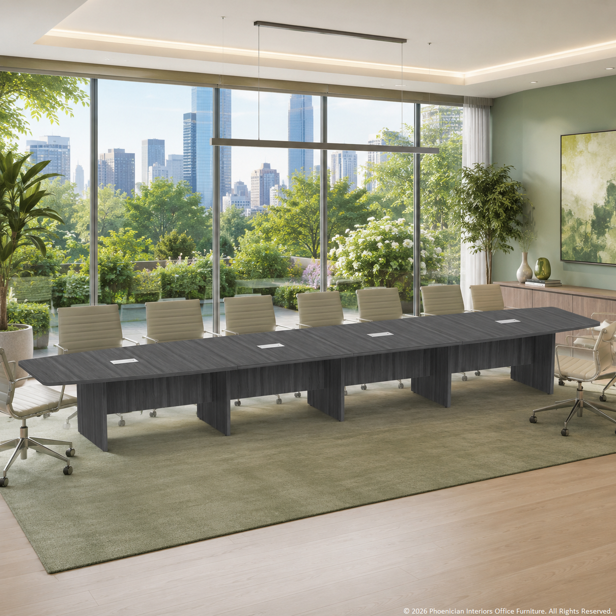 20ft Boat Shaped Conference Table in Gray, with Chairs, and Grommets for Power. Designer Boardroom.