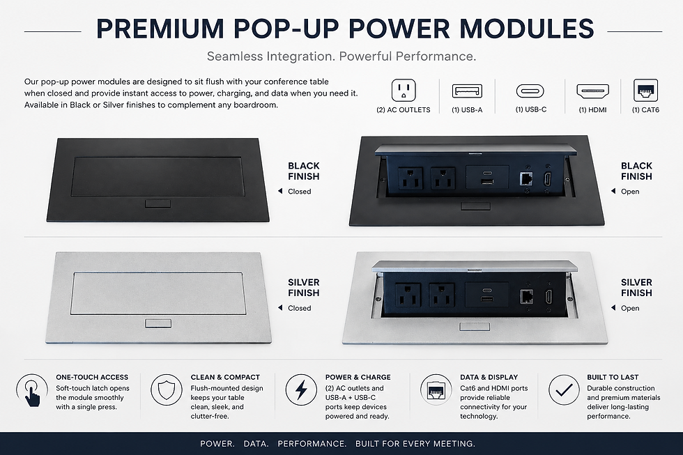 Power and Data Connection Box for Conference Tables. Black or Silver.