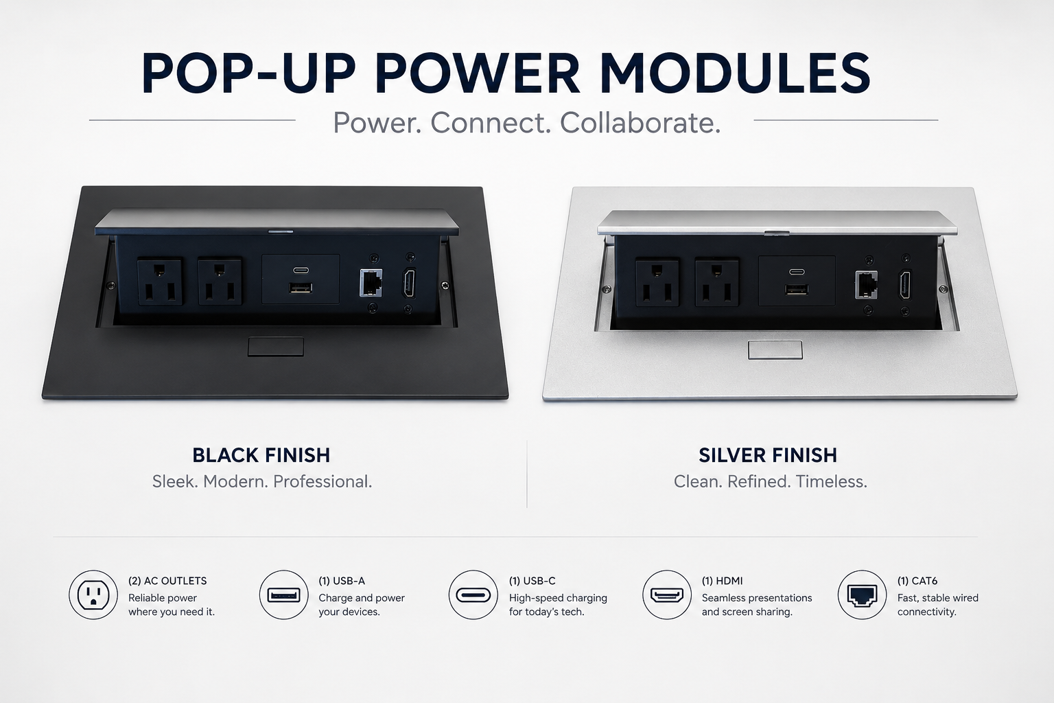 Conference Table Power with AC Outlets, Powered USB, HDMI, RJ6 Data Jack. Black or Silver.