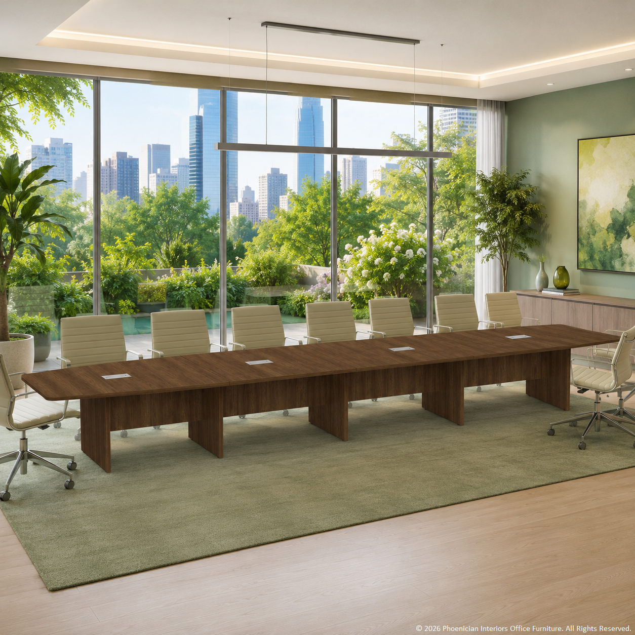 22ft Boat Shaped Conference Table in Walnut, with Chairs, and Grommets for Power. Designer Boardroom.