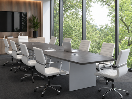 16ft Boat Shaped Gray and White Conference Table with Chairs.