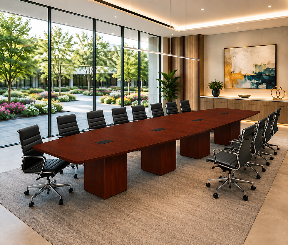 Thumbnail: 18ft Modern Conference Table with Storage Legs that hide wires. Cherry finish.