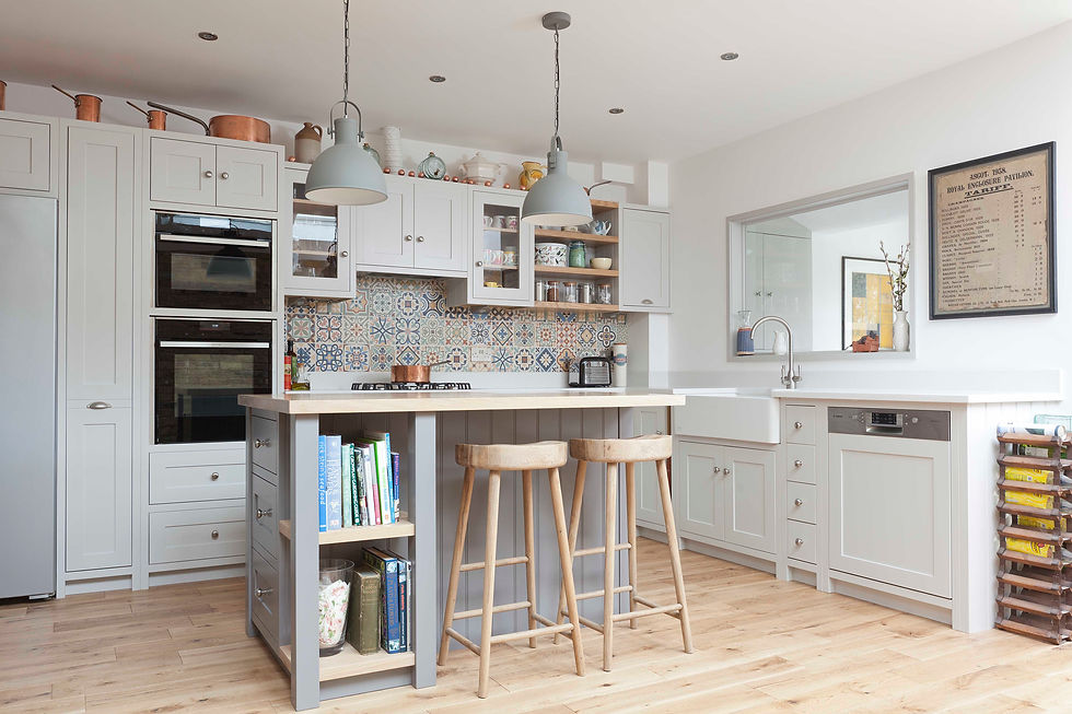 Shaker kitchen with paint lacquer finish and solid oak