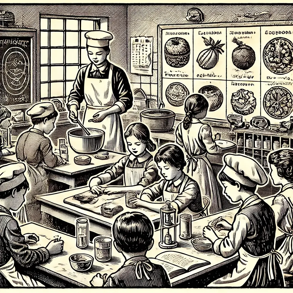 Children eagerly participate in a 19th-century cooking class, learning culinary techniques under the guidance of a chef, surrounded by educational charts and ingredients.
