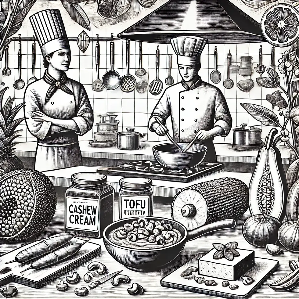 Chefs in a gourmet kitchen creatively prepare dishes using a variety of plant-based ingredients such as cashew cream and tofu, surrounded by an array of fresh produce.