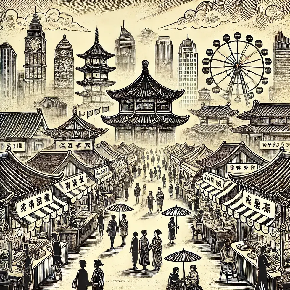 A bustling marketplace blending traditional and modern architecture under a cloudy sky, with people exploring stalls, a Ferris wheel, and iconic city skyscrapers in the background.