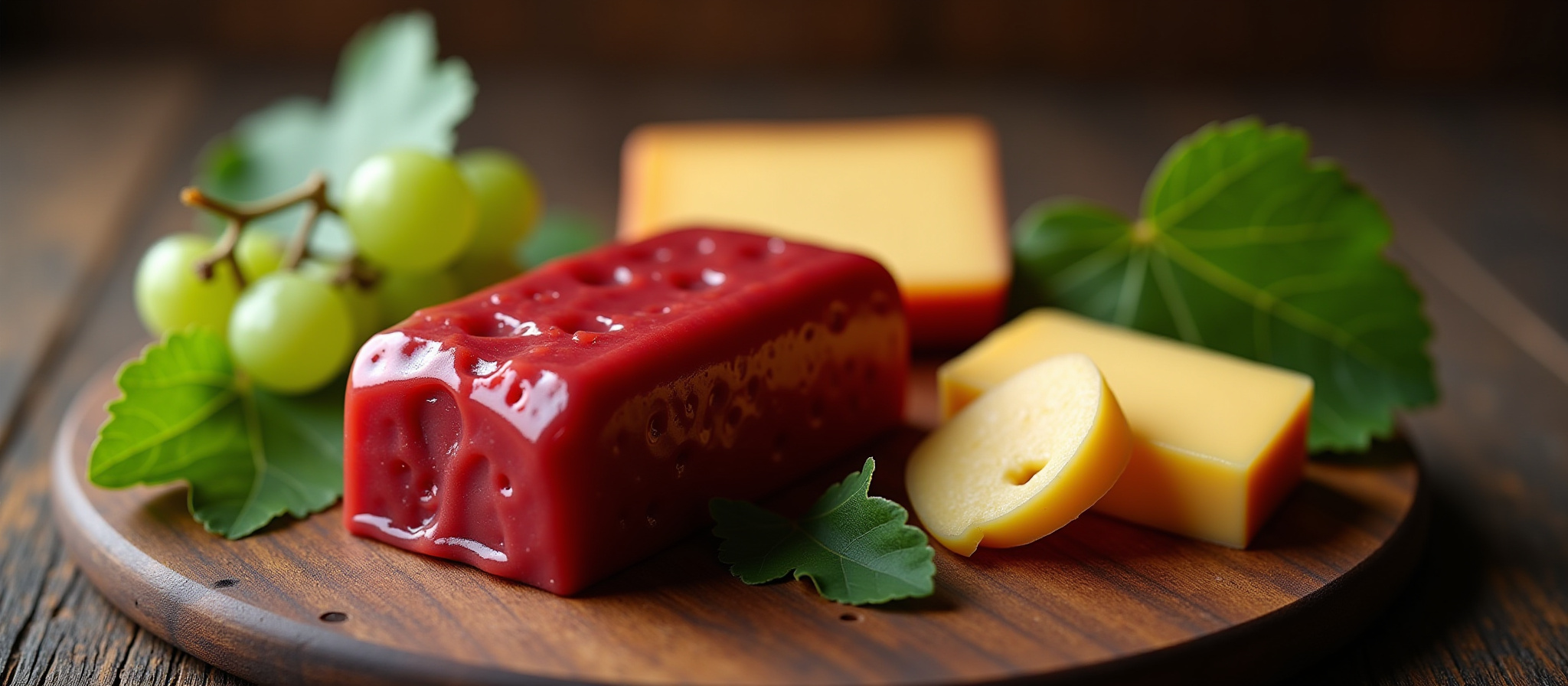 Red waxed cheese block, yellow cheese, and cheese slices on wooden board.
