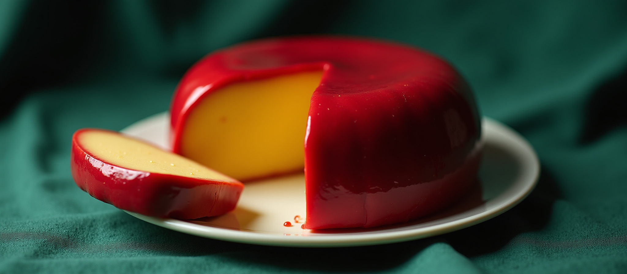 Red waxed cheese wheel on white plate with a slice; The Waxed Cheese Com