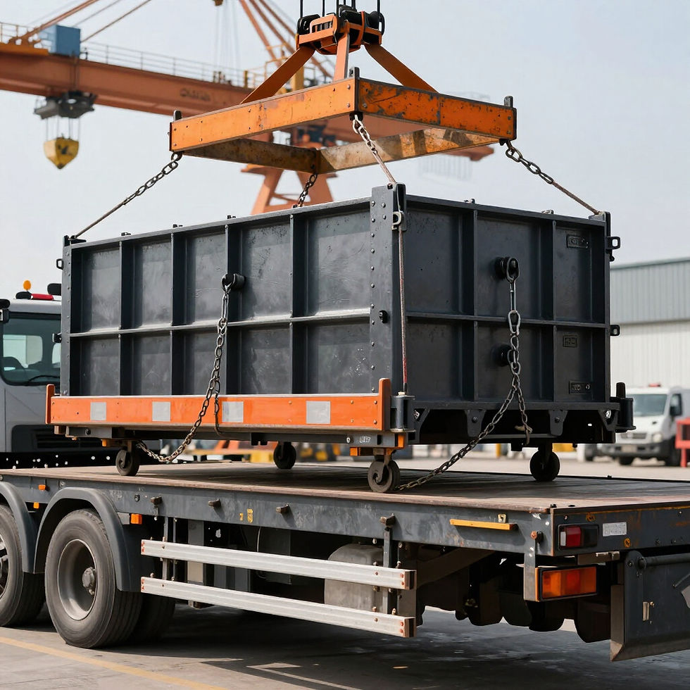 Crane loading a large crated unit onto an open-deck flatbed trailer