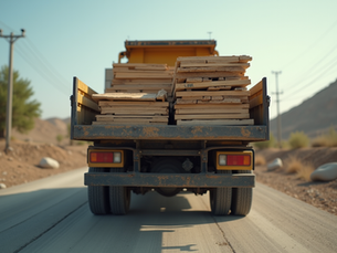 Flatbed trailer loaded with strapped lumber on a highway