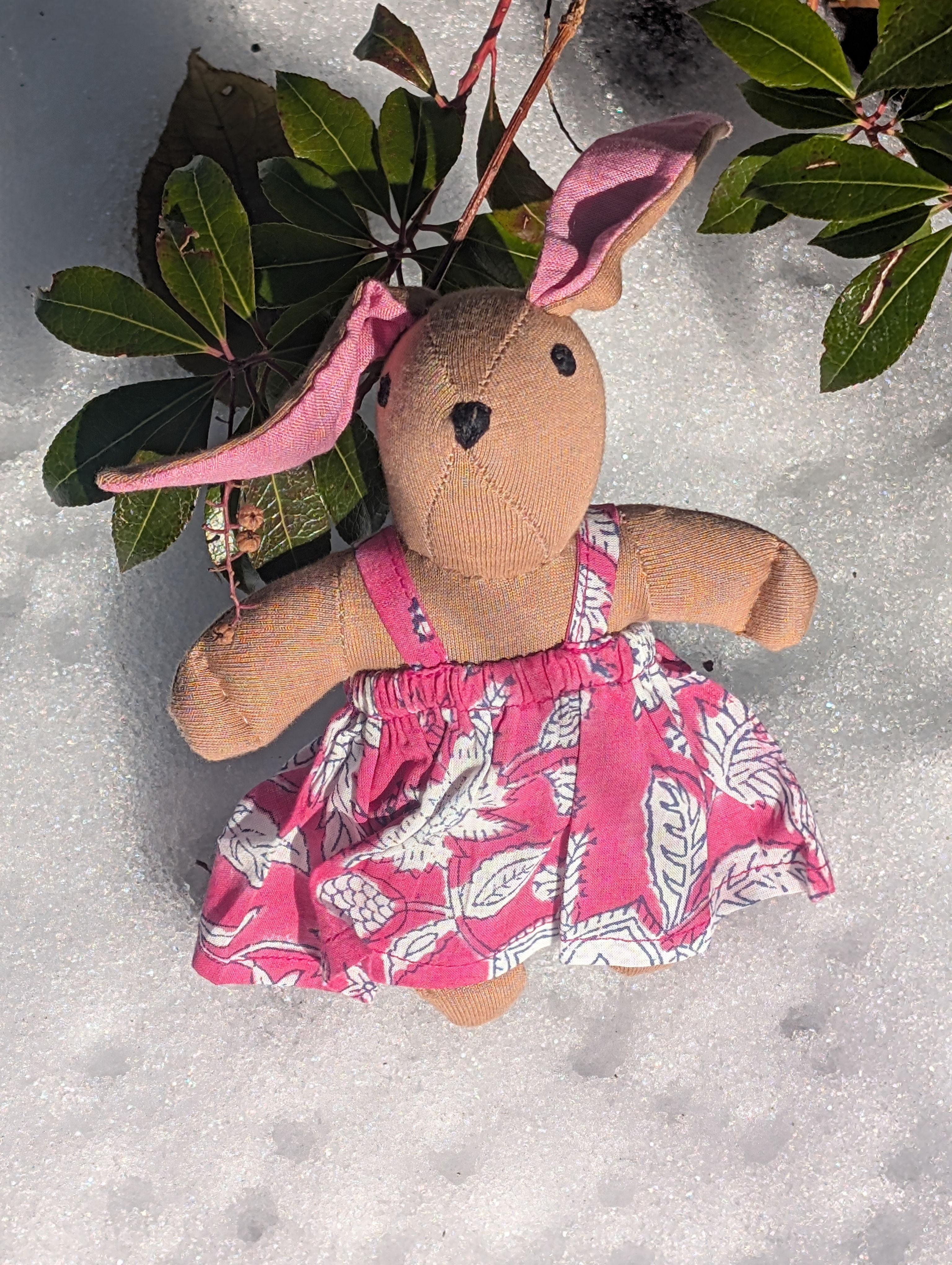 Brown Bunny Girl in Dark Pink Dress with White Flowers