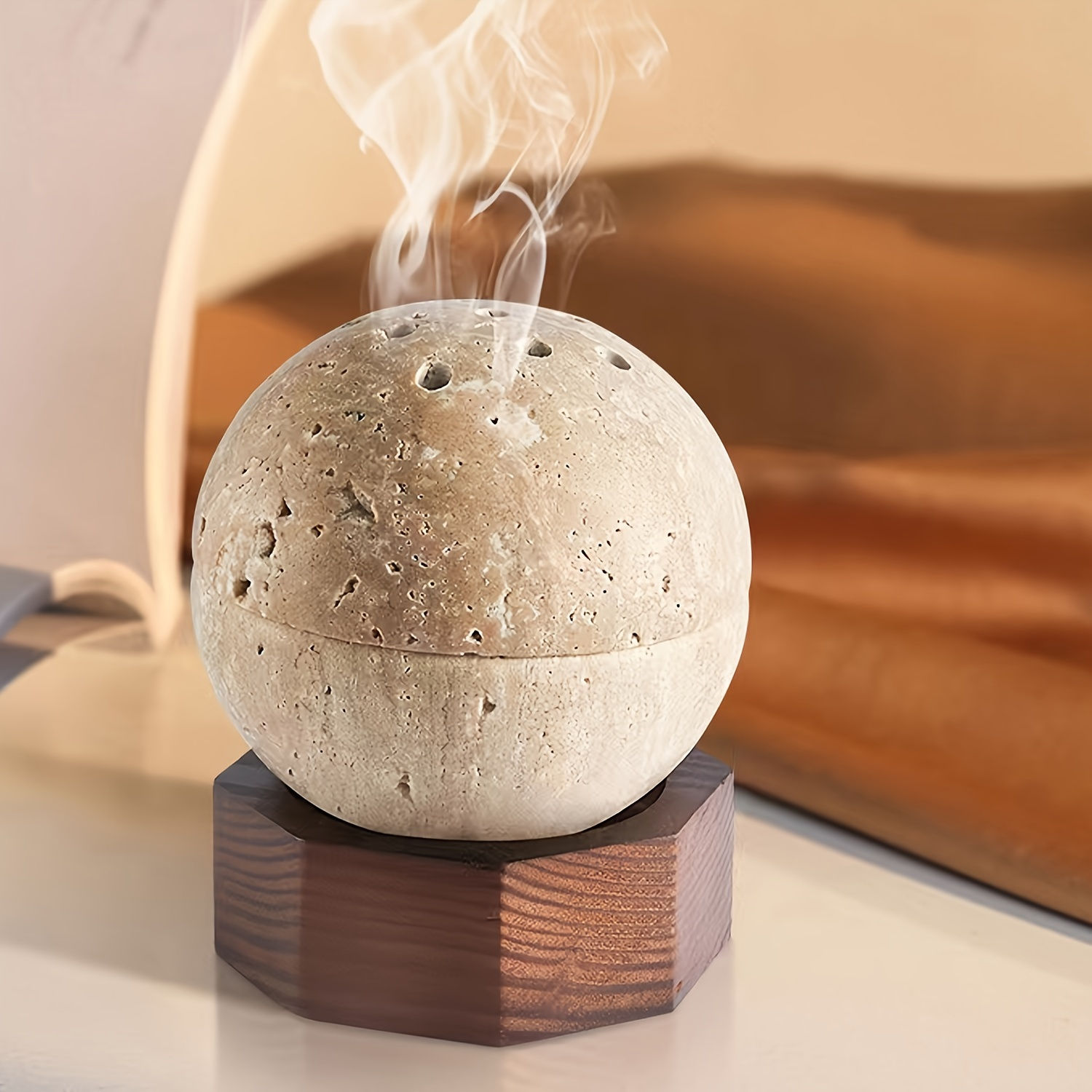 1pc Natural Travertine Round Handmade Sphere Incense Burner with Hexagon Wood Ho