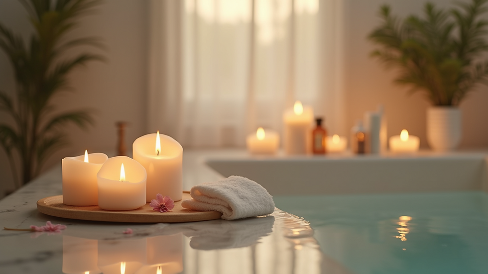 Close-up view of a serene bath setup with candles and bath products