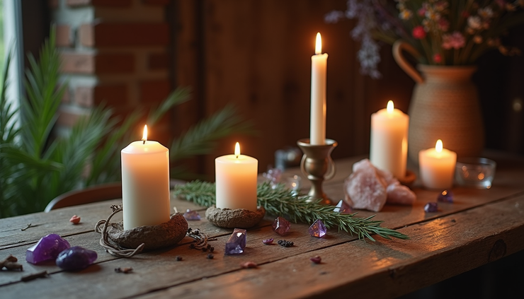 Eye-level view of a rustic wooden altar with candles, crystals, and herbs arranged for a witchcraft ritual