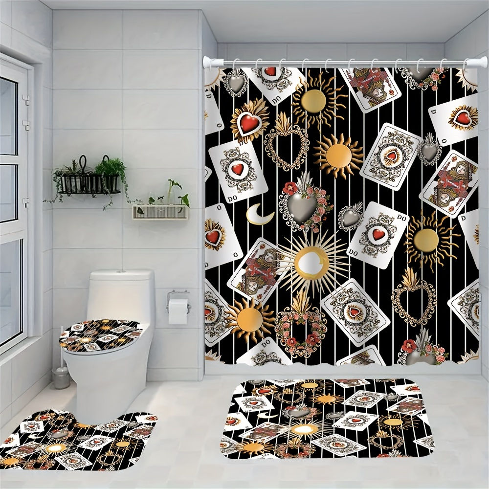 1pc Artistic Tarot Card Pattern Shower Curtain Set with Rugs and Toilet Lid Cove