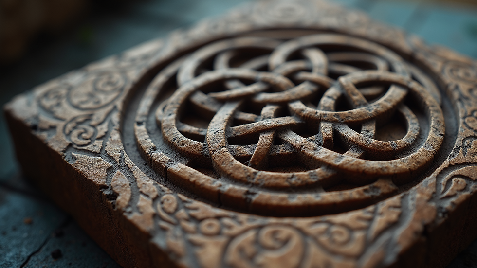Eye-level view of intricate witches knot carving