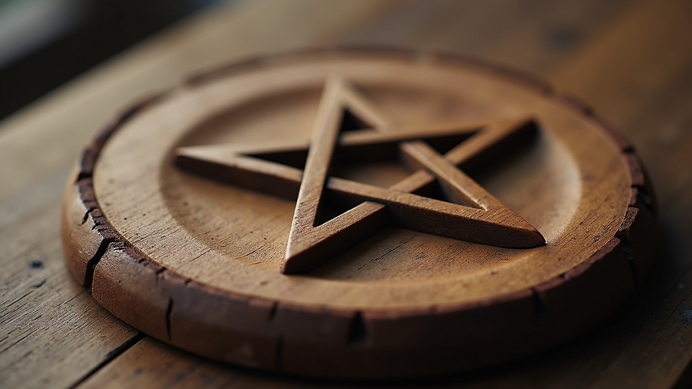 Close-up view of a carved wooden pentagram