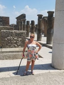 Maryann in Greece with cane